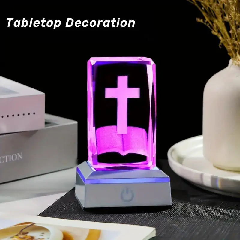 3D Crystal Cross on Bible Multicolor LED Light USB Charging Base Christian Collectible Table Decor Birthday Housewarming Gifts