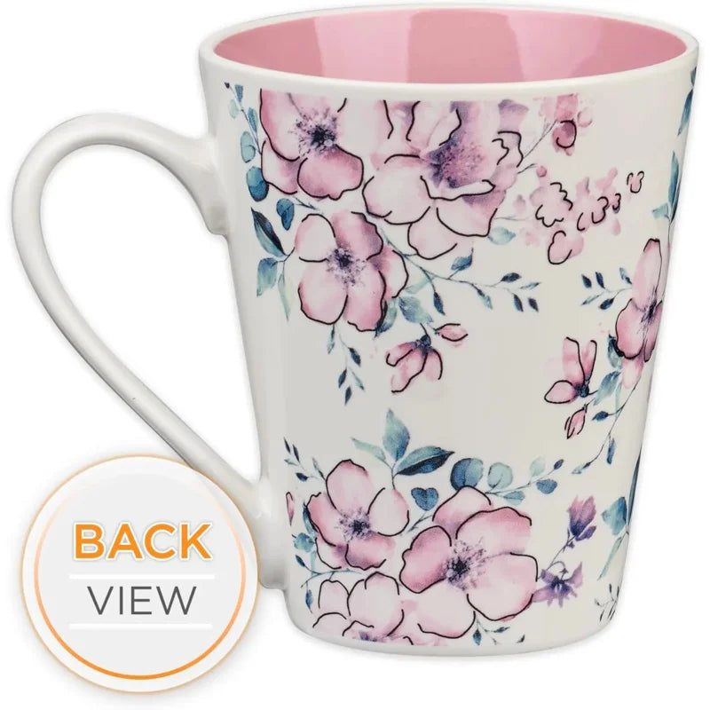 Floral Pink Ceramic Coffee Mug – 14 oz. Lead and Cadmium-free Non-Toxic Inspirational Scripture Tea Women wit