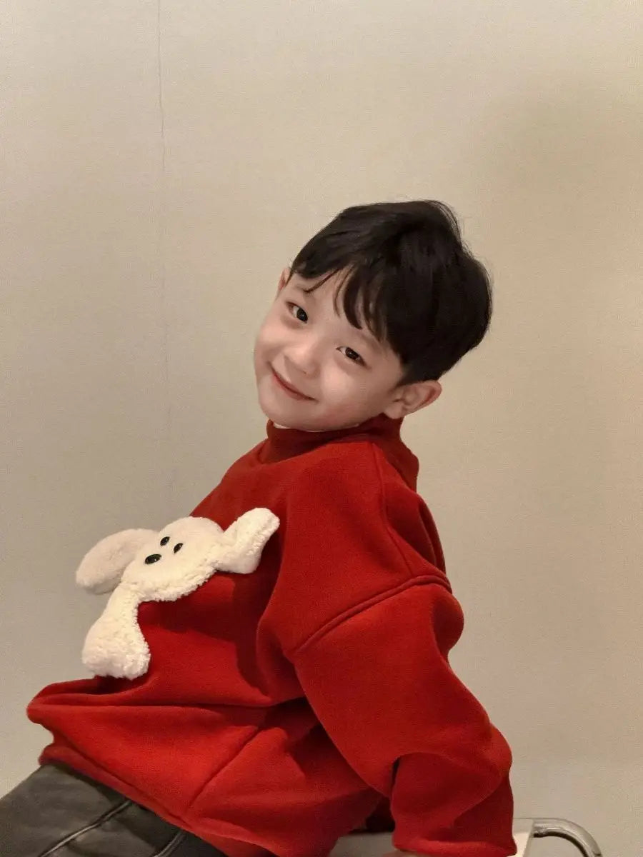 2025/2025 Winter New Boys' Small/Medium Kids' Fleece-Lined Warm Long Sleeve Red Stylish Toddler Sweatshirt Festive Top
