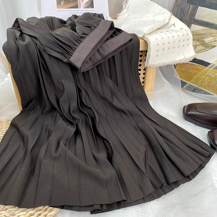 2025 Women Elegant Pleated Skirt High Waist Women Mid-long Skirt Female Ladies High Quality Women Midi Skirt Black Saia