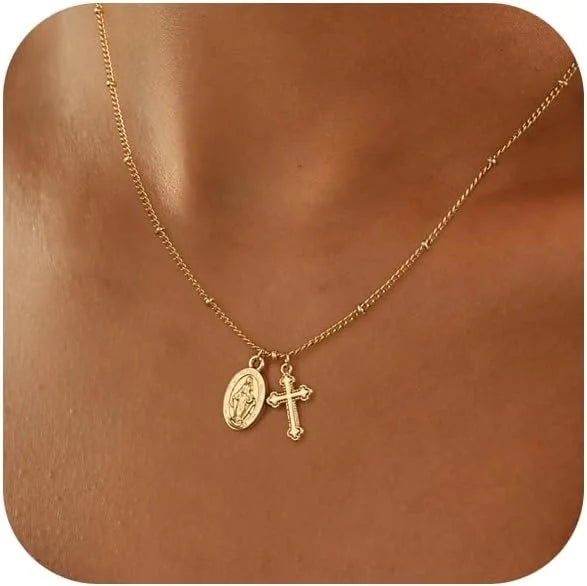 Cross Necklace for Women 14K Gold Silver Plated Dainty Small Cross Pendant Choker Simple Trendy Cute Cross Charm Chain Necklace