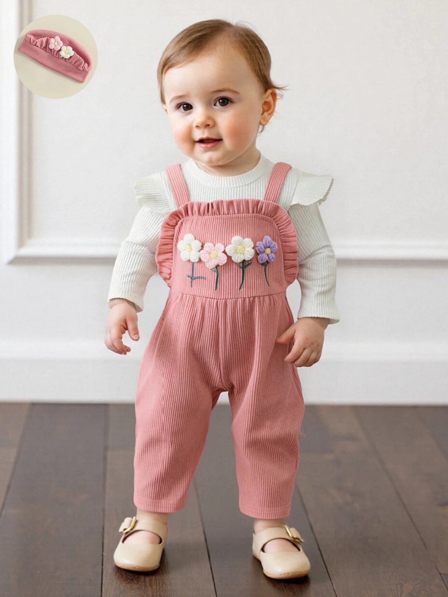 Girls 3-Piece Set Long Sleeve Crew Neck T-shirt Floral Overalls and Matching Hat - Perfect Fall Ensemble for Kids