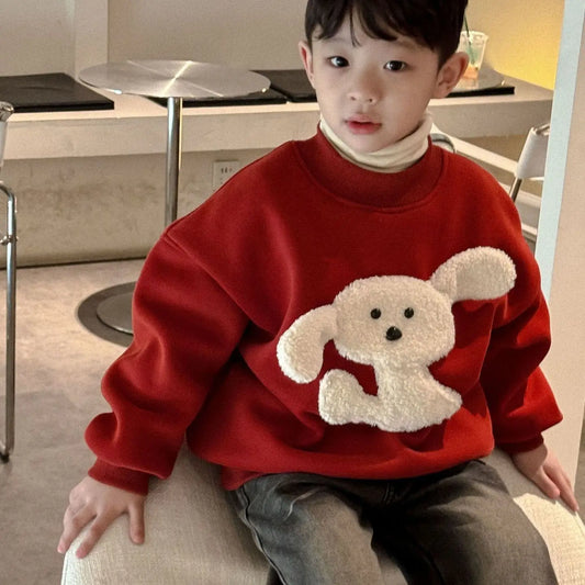 2025/2025 Winter New Boys' Small/Medium Kids' Fleece-Lined Warm Long Sleeve Red Stylish Toddler Sweatshirt Festive Top