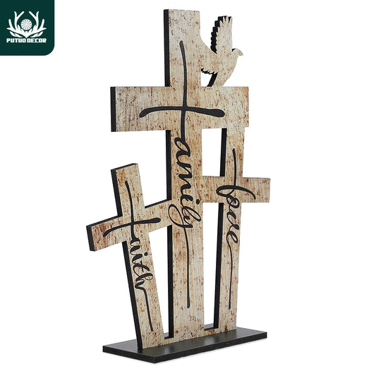 Putuo Decor 1pc Merry Christmas Table Decorations, Love Family Faith Wooden Signs Decor, Desk Ornament for Home Xmas Party