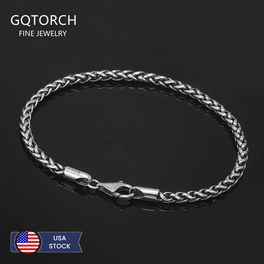 925 Sterling Silver Men’s Bracelet, 3mm Twist Wheat Chain, Handmade Braided Retro Jewelry, Length 17-21cm, Fashion Gift for Him