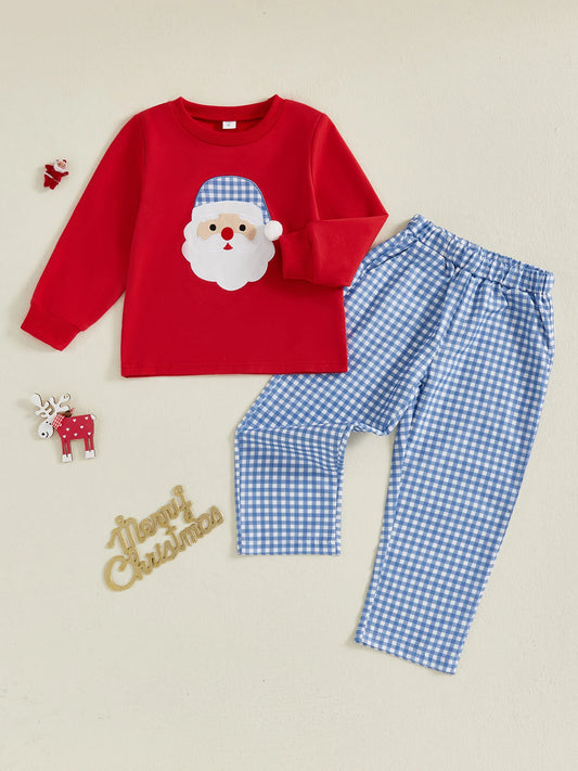 Kids Christmas Outfit Santa Claus Printed Long Sleeve Hoodie Top and Plaid Elastic Waist Pants with Pockets 2Pcs Set for