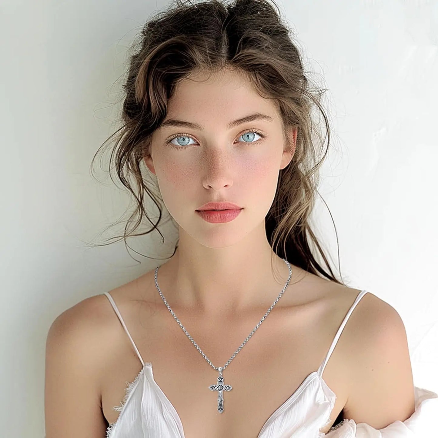 Jesus Cross Necklace 925 Sterling Silver Catholic Jesus Cross Necklace Protection Amulet Jewelry Meaningful Gift for Men Women
