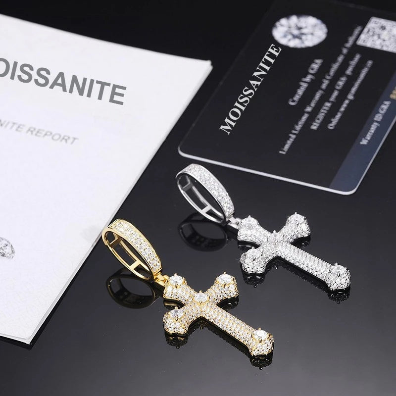 TUHE Unisex S925 Cross Pendant Necklace Iced Out Moissanite Gold Silver Color Charm For Men Women Hip Hop Fine Jewelry