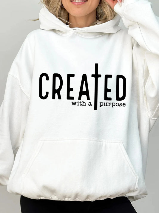Created with A Purpose Hoodies Faith Bible Saying Sweatshirt Unisex Long Sleeve Pullover Christian Graphic Sweatshirt Tops