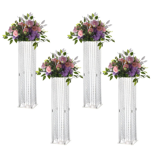 4Pcs Tall Acrylic Vase Wedding Centerpiece Geometric Flower Vase Stand with Chandelier Crystals 31.5in Column Arrangement Stand