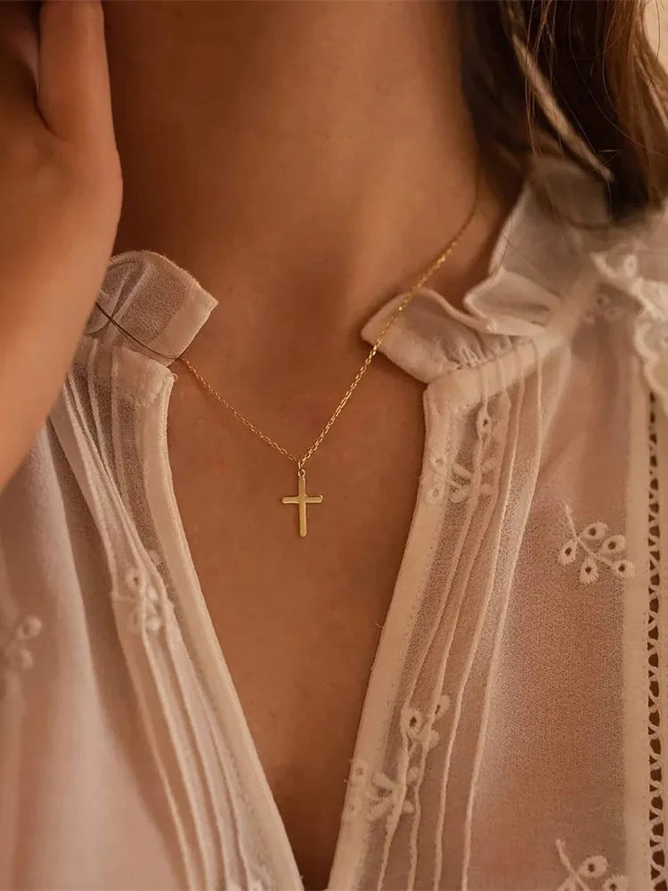 Tewiky Diamond Cross Necklace for women-Dainty 14k Gold Cubic Zirconia Pendant Necklaces Simple Gold Cross Pendant Necklace Cute