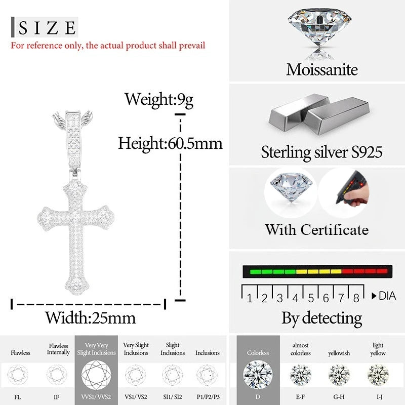TUHE Unisex S925 Cross Pendant Necklace Iced Out Moissanite Gold Silver Color Charm For Men Women Hip Hop Fine Jewelry