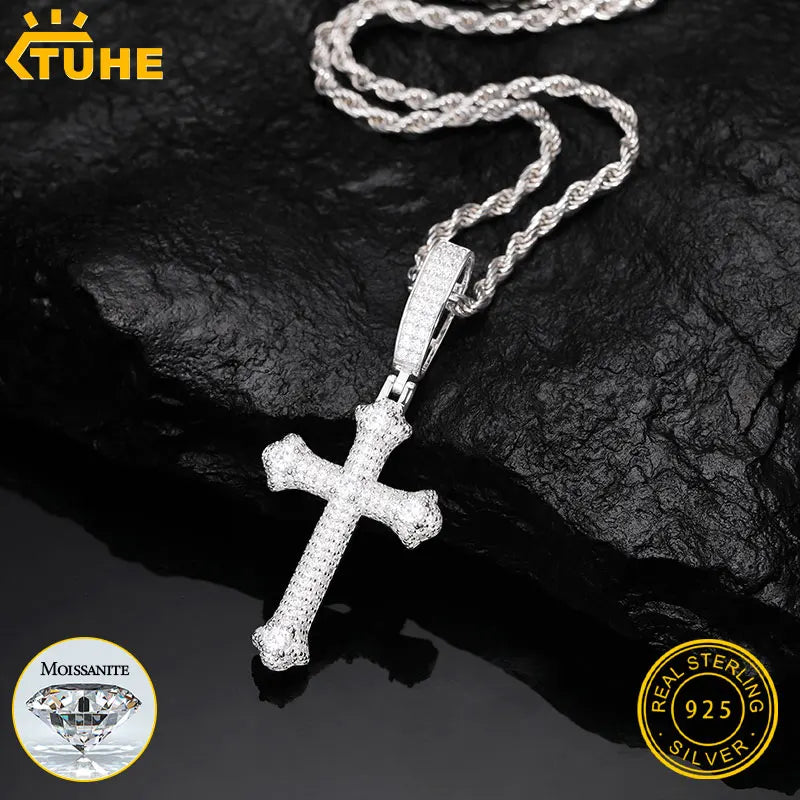 TUHE Unisex S925 Cross Pendant Necklace Iced Out Moissanite Gold Silver Color Charm For Men Women Hip Hop Fine Jewelry