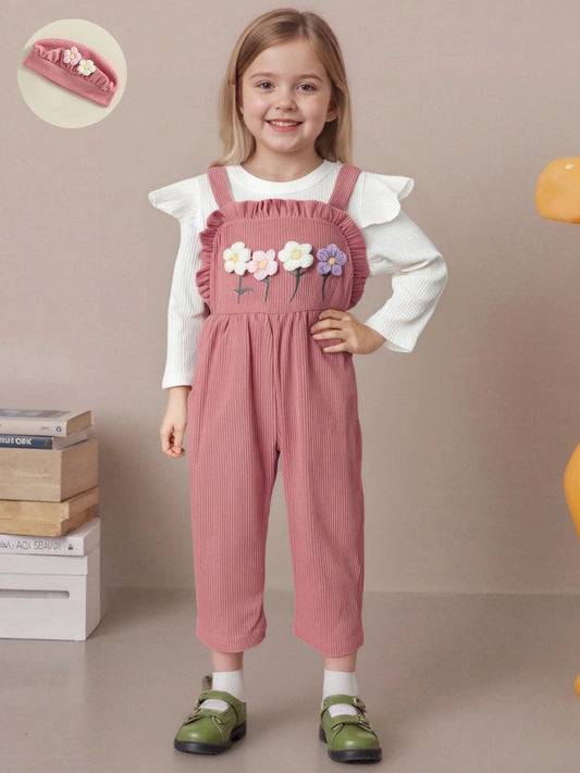 Girls 3-Piece Set Long Sleeve Crew Neck T-shirt Floral Overalls and Matching Hat - Perfect Fall Ensemble for Kids