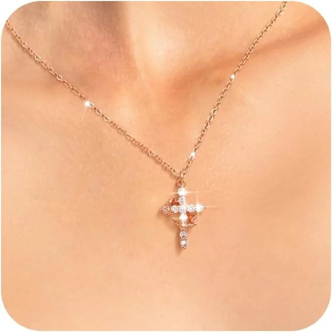 Tewiky Diamond Cross Necklace for women-Dainty 14k Gold Cubic Zirconia Pendant Necklaces Simple Gold Cross Pendant Necklace Cute