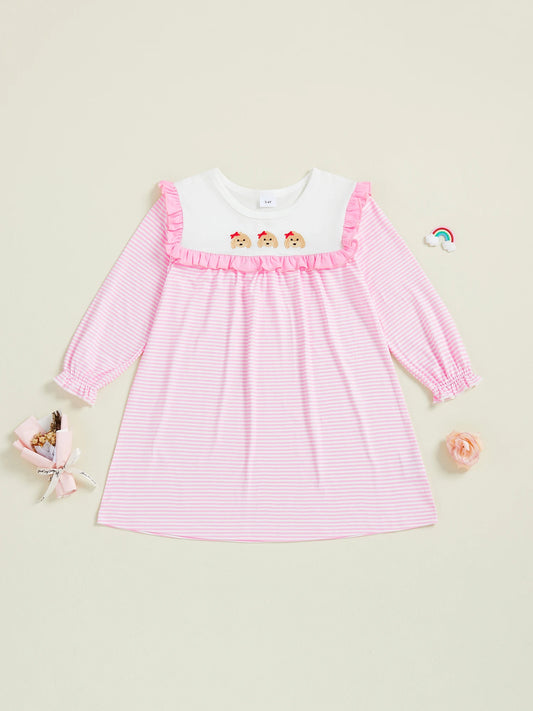 Toddler Girl Winter Knit Sweater Dress Long Sleeve A-Line Dress with Cute Bear Embroidery Casual Kids Clothes for Fall