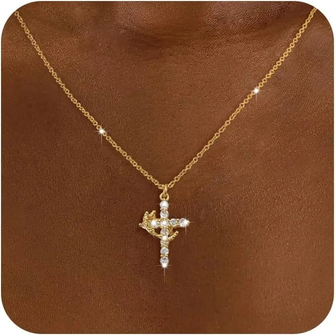 Tewiky Diamond Cross Necklace for women-Dainty 14k Gold Cubic Zirconia Pendant Necklaces Simple Gold Cross Pendant Necklace Cute