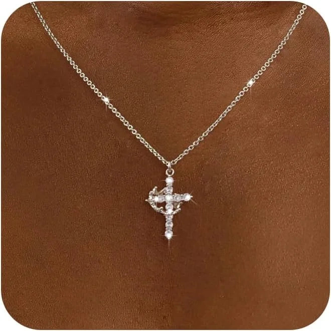 Tewiky Diamond Cross Necklace for women-Dainty 14k Gold Cubic Zirconia Pendant Necklaces Simple Gold Cross Pendant Necklace Cute