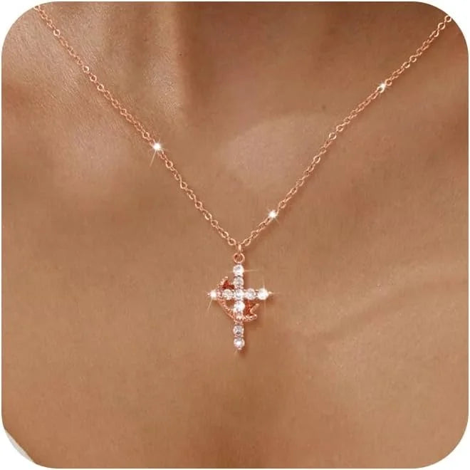 Tewiky Diamond Cross Necklace for women-Dainty 14k Gold Cubic Zirconia Pendant Necklaces Simple Gold Cross Pendant Necklace Cute